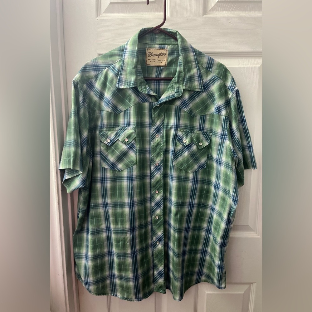 Wrangler Western Shirt Size 2X Pearl Snap Button Up Plaid
Green White